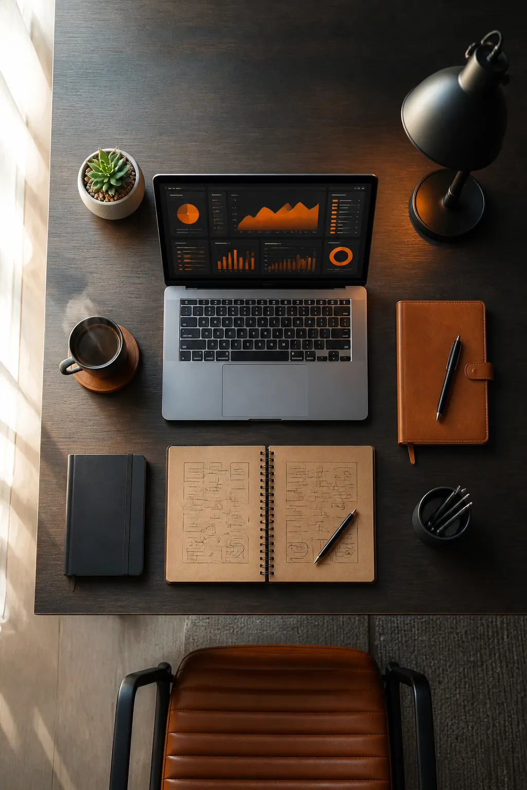 Modern workspace with Avexora AI ecosystem dashboard open on laptop